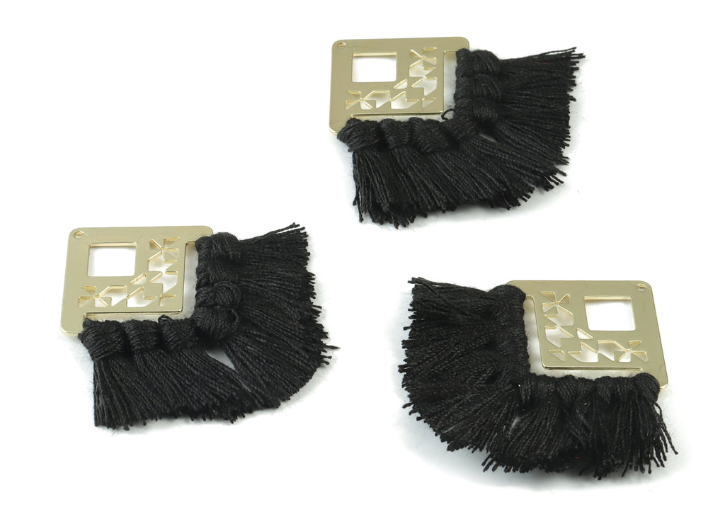 Gold Tone Plated Square Brass - Square Tassel Earring Charms - Cotton Black Tassels - Fringe Tassel - 54.49x35.16x2.68mm - TSM3075B - DOMEDBAZAAR