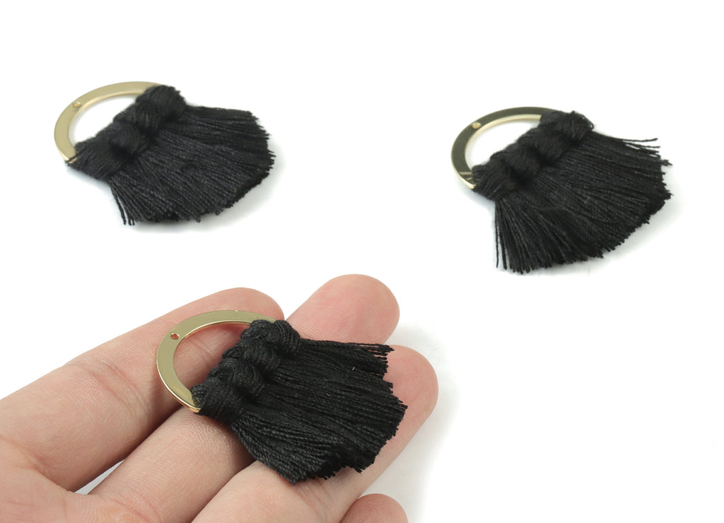 Gold Tone Plated Semi circle Brass - Half Moon Tassel Earring Charms - Cotton Black Tassels - Fringe Tassel - 44.49x30.34x4.42mm - TSM3070B - DOMEDBAZAAR