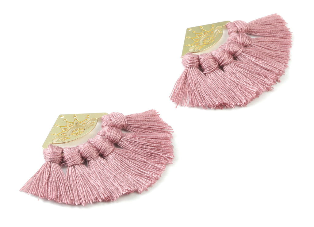 Gold Tone Plated Semi circle Brass - Half Moon Tassel Earring Charms - Cotton Flower Purple Tassels - 54.12x35.16x2.91mm - TSM3021P - DOMEDBAZAAR