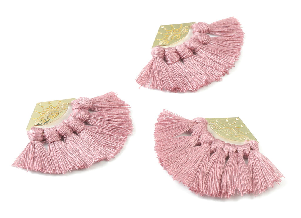 Gold Tone Plated Semi circle Brass - Half Moon Tassel Earring Charms - Cotton Flower Purple Tassels - 54.12x35.16x2.91mm - TSM3021P - DOMEDBAZAAR
