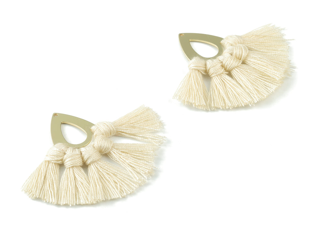 Gold Tone Plated Drop Brass - Drop Tassel Earring Charms - Cotton Cream Tassels - Fringe Tassel - 45.99x19.16x3.49mm - TSM3055C - DOMEDBAZAAR