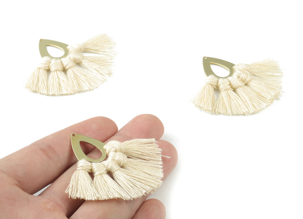 Gold Tone Plated Drop Brass - Drop Tassel Earring Charms - Cotton Cream Tassels - Fringe Tassel - 45.99x19.16x3.49mm - TSM3055C - DOMEDBAZAAR