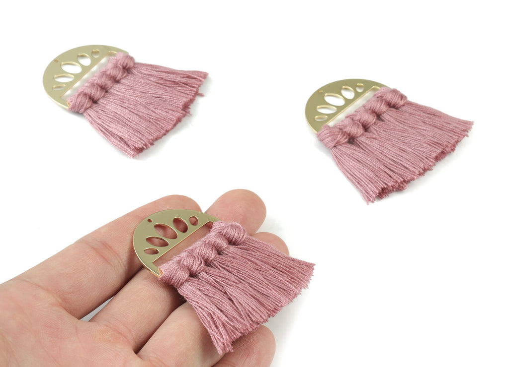 Gold Tone Plated Semi circle Brass - Half Moon Tassel Earring Charms - Cotton Purple Tassels - Fringe Tassel - 49.92x35.24x4.92mm - TSM3065P - DOMEDBAZAAR