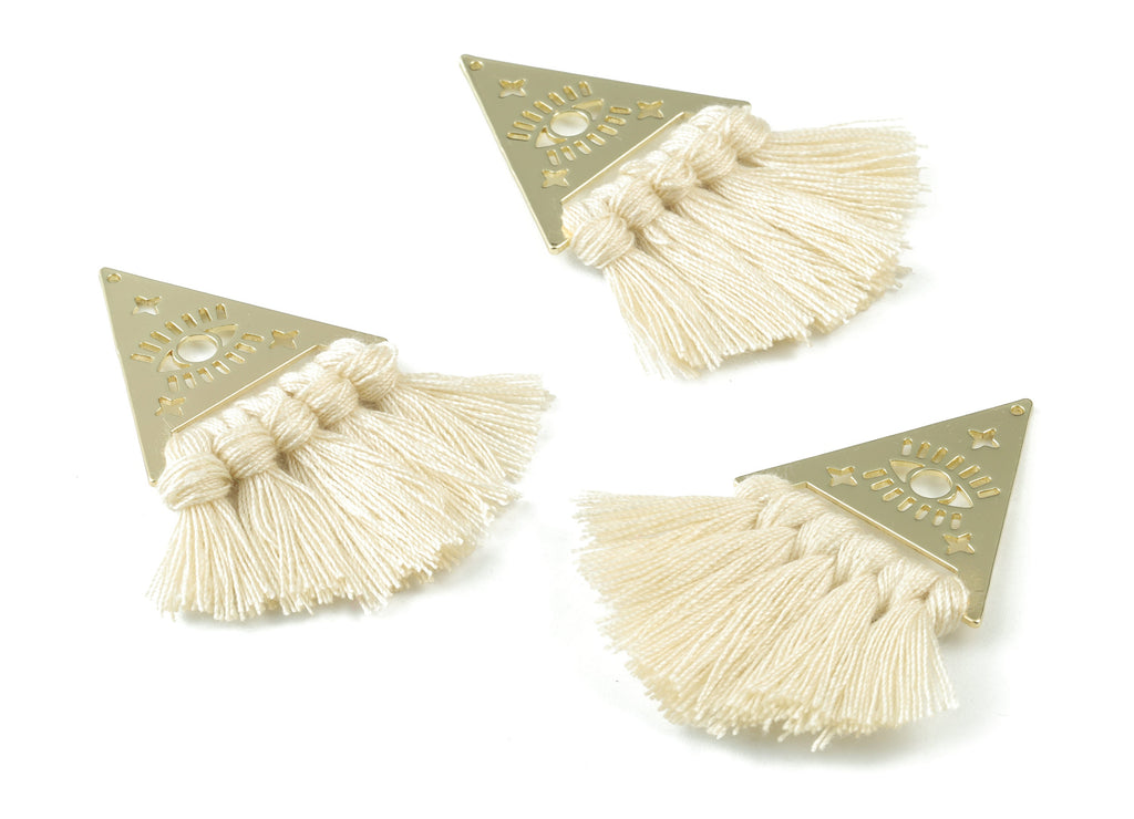 Gold Tone Plated Triangle Brass Cotton - Triangle Eye Tassel Earring Charms - Cream Tassels - Fringe Tassel - 56.74x31.74x3.04mm - TSM3063C - DOMEDBAZAAR