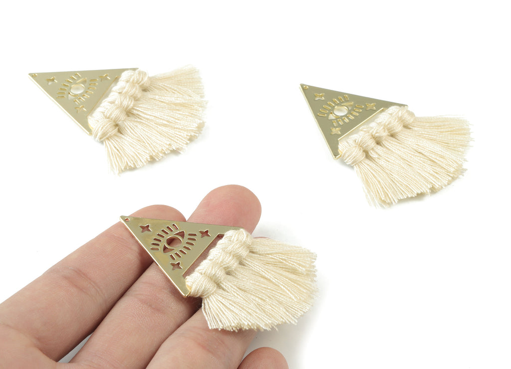 Gold Tone Plated Triangle Brass Cotton - Triangle Eye Tassel Earring Charms - Cream Tassels - Fringe Tassel - 56.74x31.74x3.04mm - TSM3063C - DOMEDBAZAAR