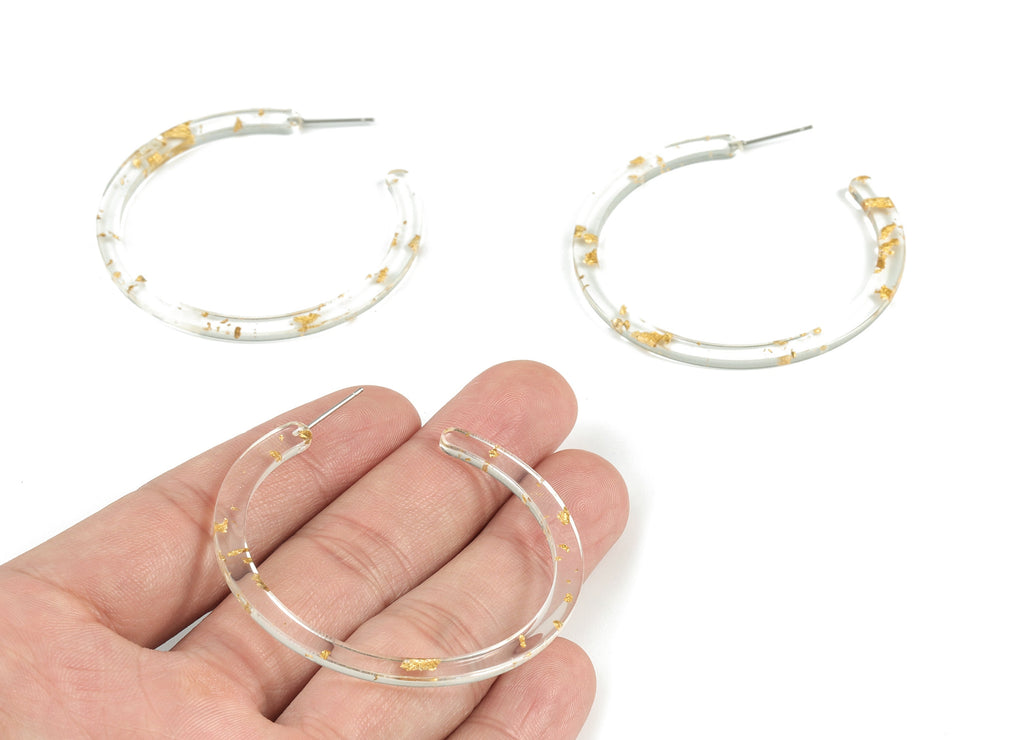 Open Hoop Earring Stud - 2 inch Hoop - Acetate Round Earring Post - Gold Foil & Confetti - Color Code: A255 - 52.8x49.6x2.65mm - AC1836-A255 - DOMEDBAZAAR