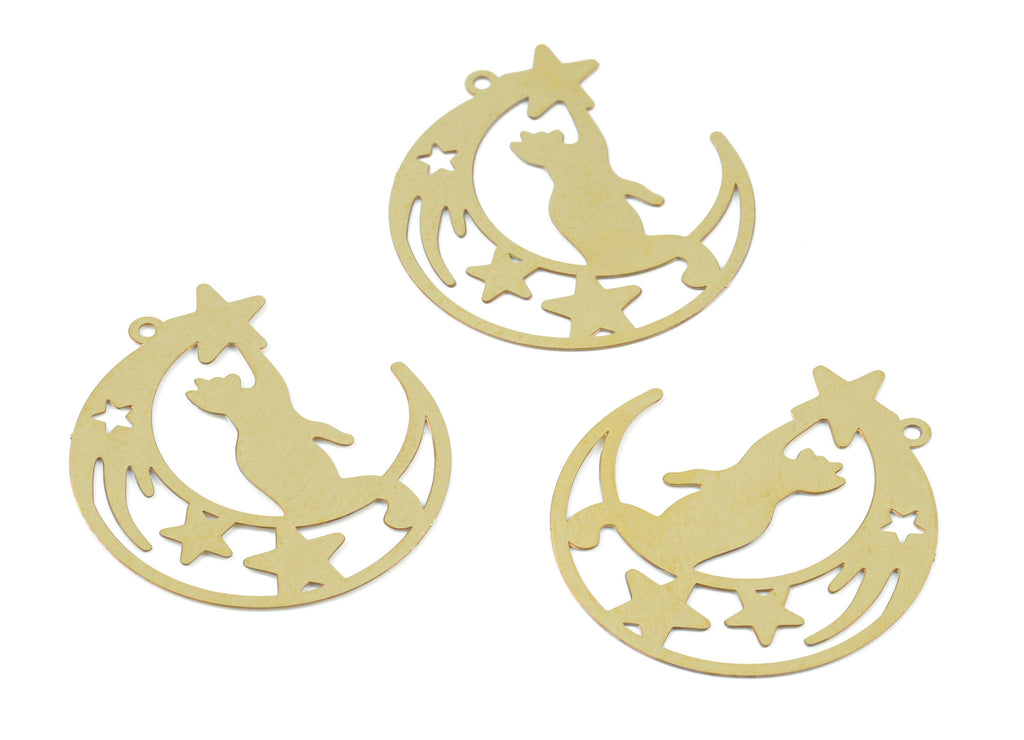 Brass Crescent Star Cat Pendant - Raw Brass Crescent Cat Earring Charms - Earring Findings - Jewelry Supplies - 32.32x29.41x0.27mm - JJB6491 - DOMEDBAZAAR
