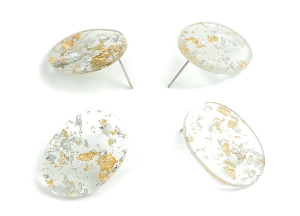 Acetate Oval Earring Stud - Gold Silver Foil & Confetti Oval Earring Post and Stud - Color Code: A501 - 26x19x2.6mm - AC1002-A501 - DOMEDBAZAAR