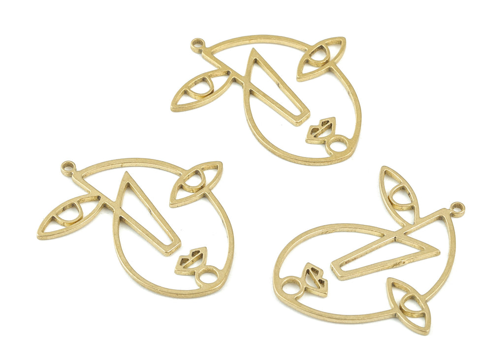 Abstract Face Earring Charms - Raw Brass Face Pendant - Jewelry Making Supplies - 31x29x1mm - PPM3475 - DOMEDBAZAAR