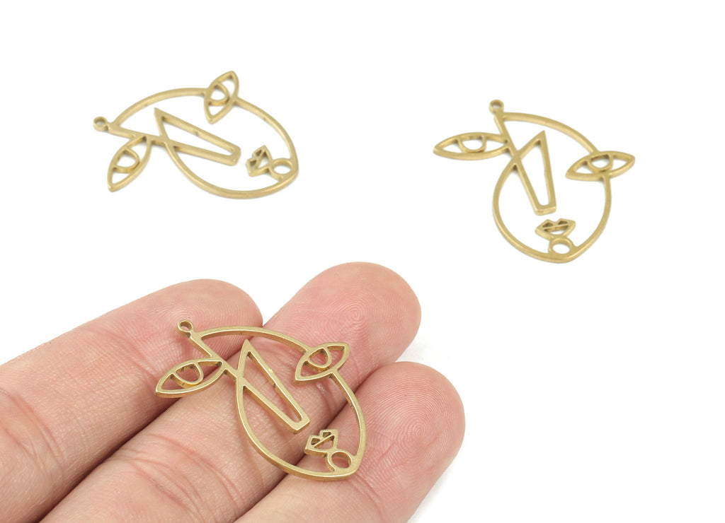 Abstract Face Earring Charms - Raw Brass Face Pendant - Jewelry Making Supplies - 31x29x1mm - PPM3475 - DOMEDBAZAAR