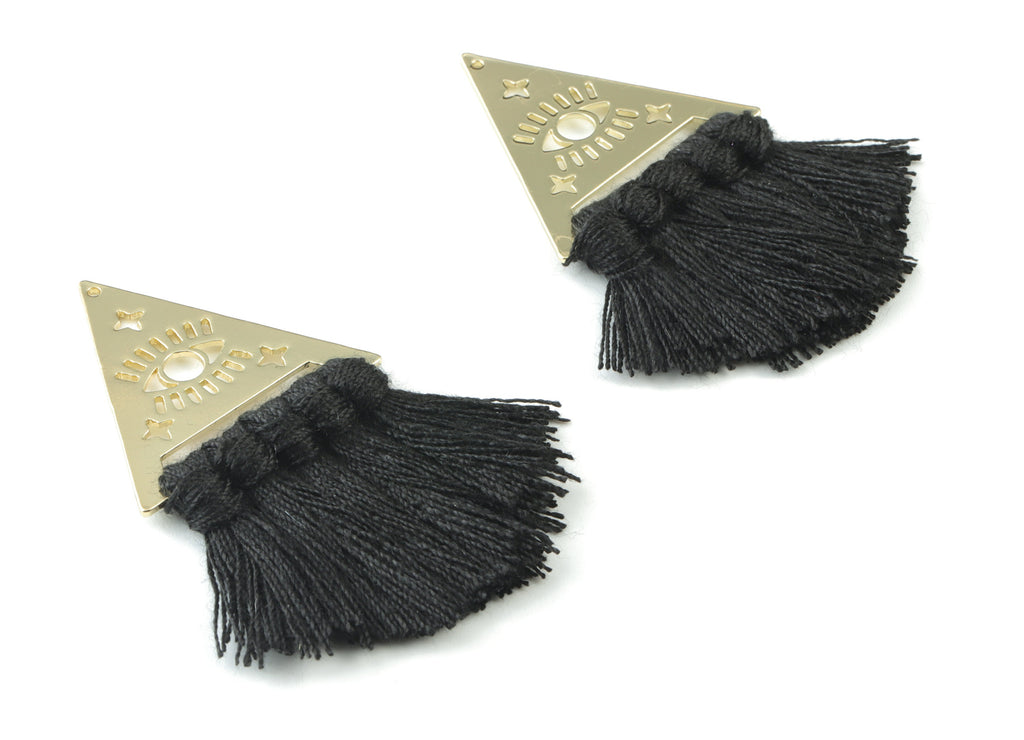 Gold Tone Plated Triangle Brass Cotton - Triangle Eye Tassel Earring Charms - Black Tassels - Fringe Tassel - 56.74x31.74x3.04mm - TSM3063B - DOMEDBAZAAR