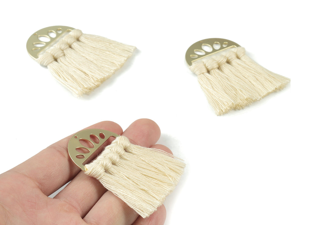 Gold Tone Plated Semi circle Brass - Half Moon Tassel Earring Charms - Cotton Cream Tassels - Fringe Tassel - 49.92x35.24x4.92mm - TSM3065C - DOMEDBAZAAR
