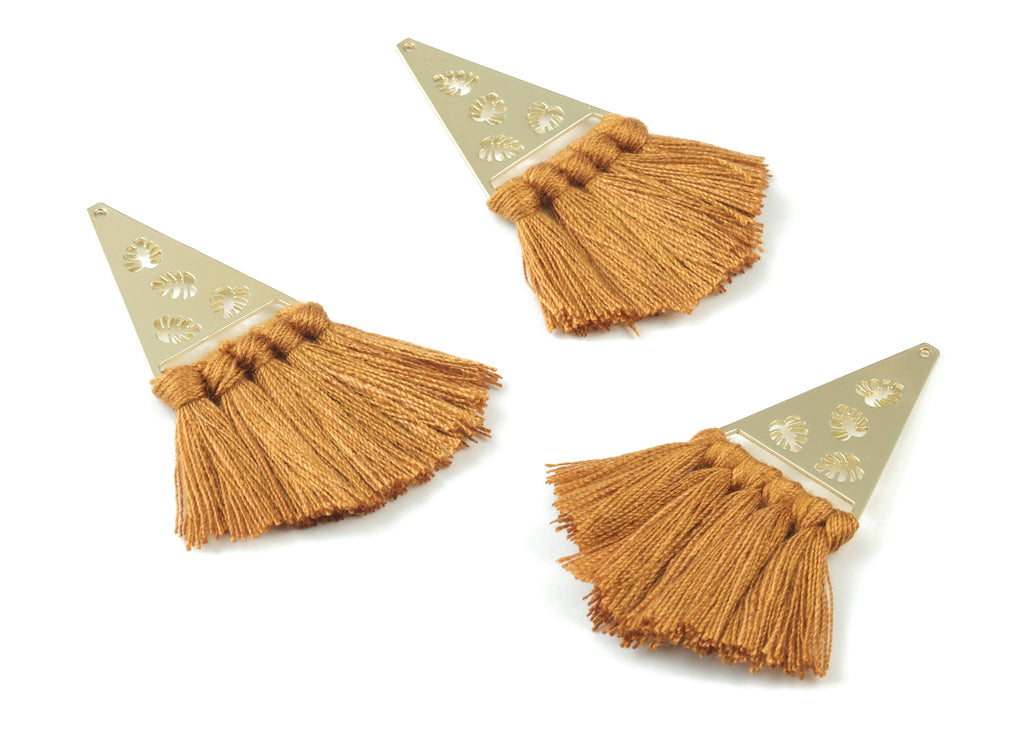 Gold Tone Plated Triangle Brass Cotton - Triangle Tassel Earring Charms - Brown Tassels - Fringe Tassel - 64.98x24.92x3.41mm - TSM3084BR - DOMEDBAZAAR
