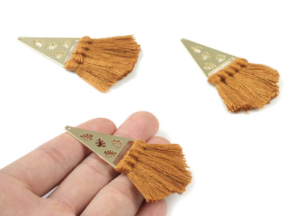 Gold Tone Plated Triangle Brass Cotton - Triangle Tassel Earring Charms - Brown Tassels - Fringe Tassel - 64.98x24.92x3.41mm - TSM3084BR - DOMEDBAZAAR
