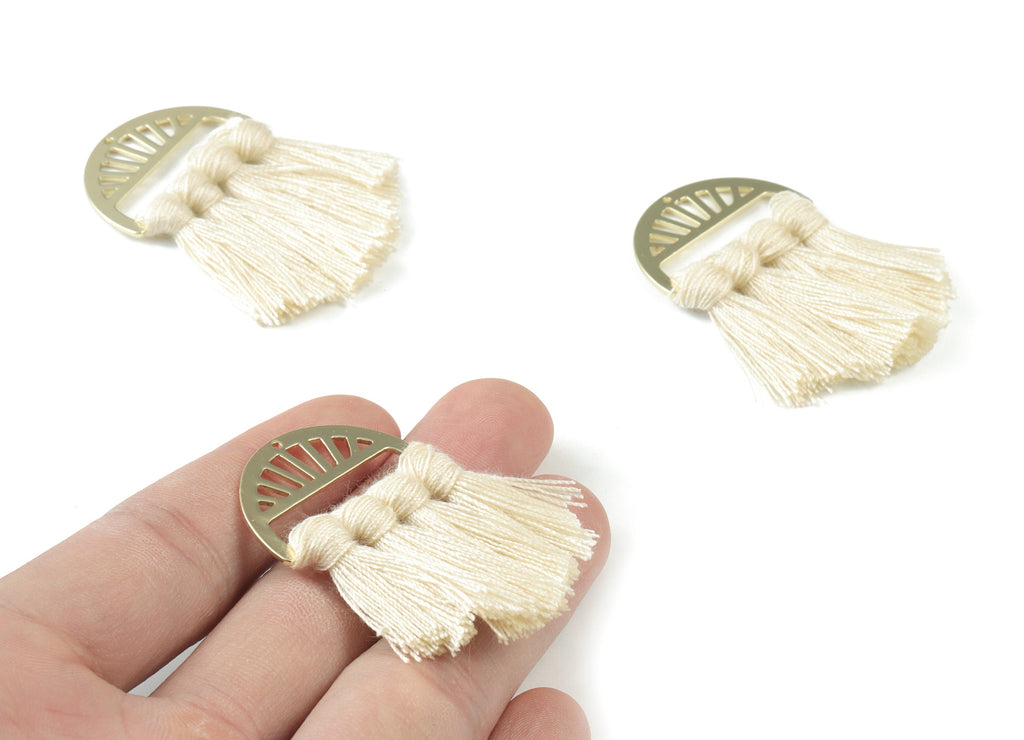 Gold Tone Plated Semi circle Brass - Half Moon Tassel Earring Charms - Cotton Cream Tassels - Fringe Tassel - 48.02x30.47x3.56mm - TSM3056C - DOMEDBAZAAR