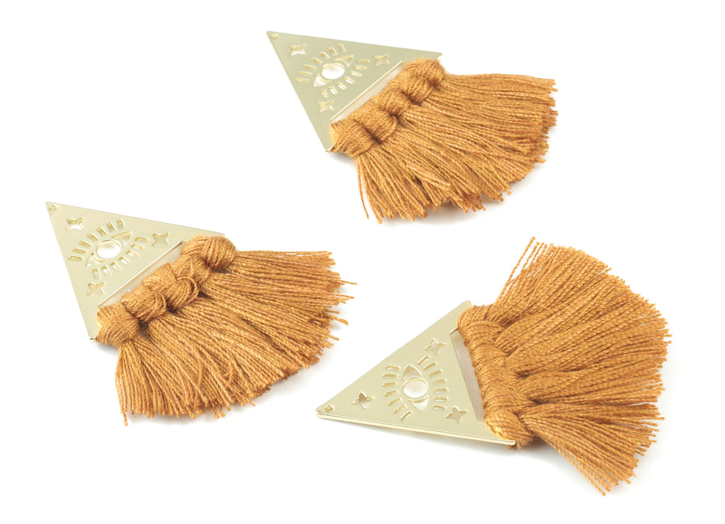 KC Gold Tone Plated Triangle Brass Cotton - Triangle Eye Tassel Earring Charms - Brown Tassels - Fringe Tassel - 56.7x31.7x3mm - TSM3063BR - DOMEDBAZAAR