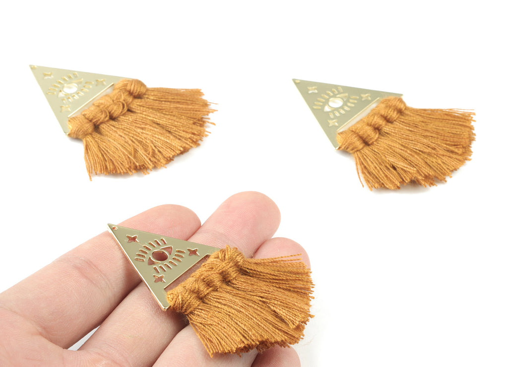 KC Gold Tone Plated Triangle Brass Cotton - Triangle Eye Tassel Earring Charms - Brown Tassels - Fringe Tassel - 56.7x31.7x3mm - TSM3063BR - DOMEDBAZAAR