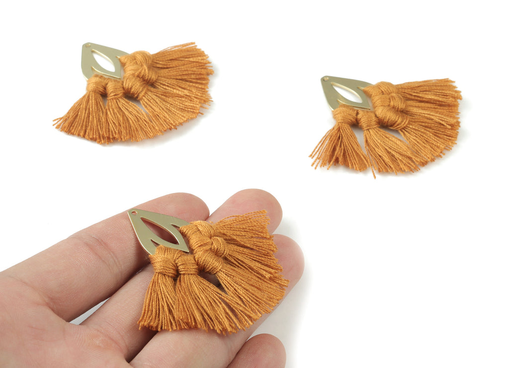 Gold Tone Plated Drop Brass - Drop Tassel Earring Charms - Cotton Brown Tassels - Fringe Tassel - 45.29x18.55x3.51mm - TSM3069BR - DOMEDBAZAAR