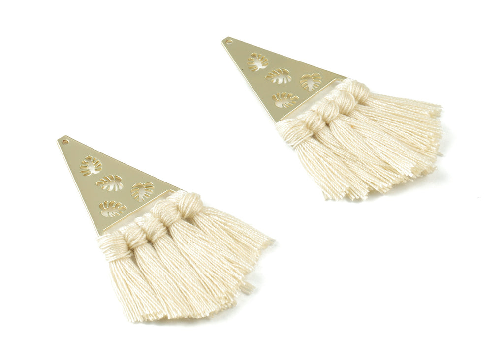 Gold Tone Plated Triangle Brass Cotton - Triangle Tassel Earring Charms - Cream Tassels - Fringe Tassel - 64.98x24.92x3.41mm - TSM3084C - DOMEDBAZAAR