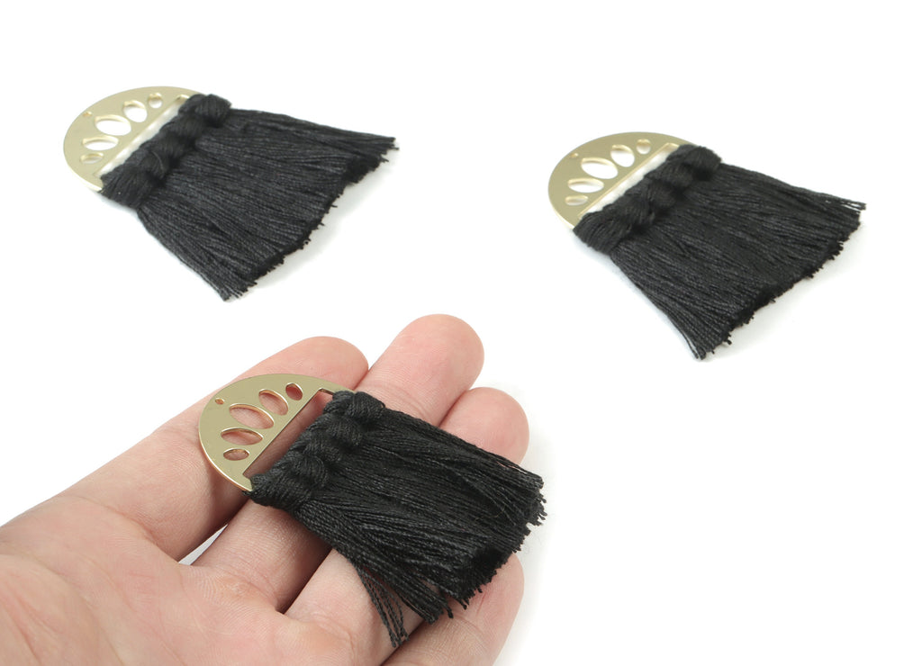 Gold Tone Plated Semi circle Brass - Half Moon Tassel Earring Charms - Cotton Black Tassels - Fringe Tassel - 49.92x35.24x4.92mm - TSM3065B - DOMEDBAZAAR