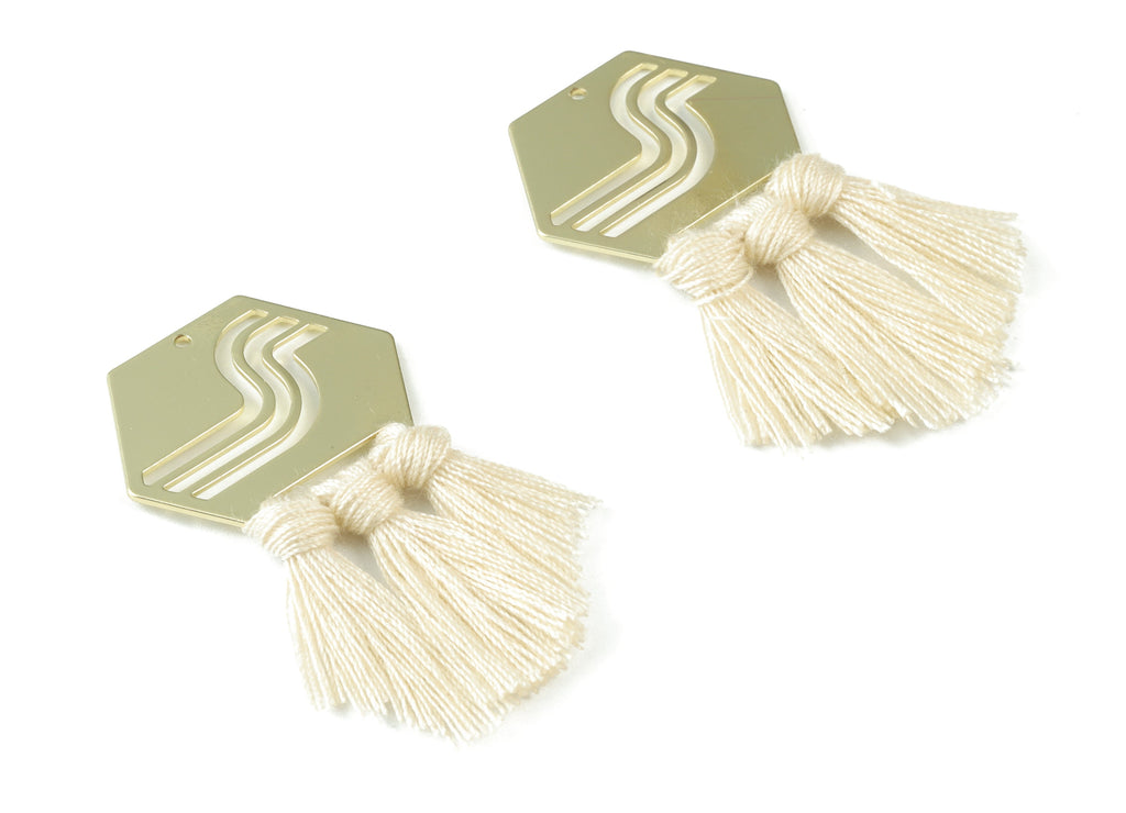 Hexagon Tassel Earring Charms - KC Gold Tone Plated Hexagon Brass - Cotton Cream Tassels - Fringe Tassel - 53.8x30.05x3.1mm - TSM1949C - DOMEDBAZAAR
