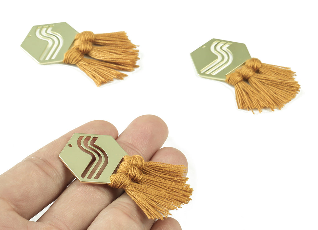 Gold Tone Plated Hexagon Brass - Hexagon Tassel Earring Charms - Cotton Brown Tassels - Fringe Tassel - 53.8x30.05x3.1mm - TSM1949BR - DOMEDBAZAAR