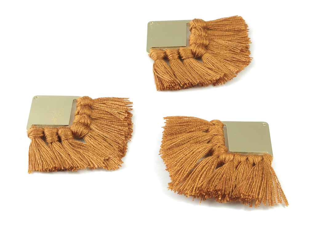 Gold Tone Plated Square Brass - Square Tassel Earring Charms - Cotton Brown Tassels - Fringe Tassel - 58.99x30.22x2.98mm - TSM3071BR - DOMEDBAZAAR