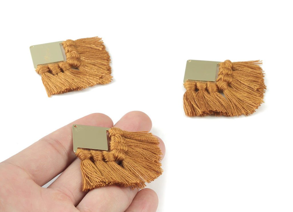 Gold Tone Plated Square Brass - Square Tassel Earring Charms - Cotton Brown Tassels - Fringe Tassel - 58.99x30.22x2.98mm - TSM3071BR - DOMEDBAZAAR