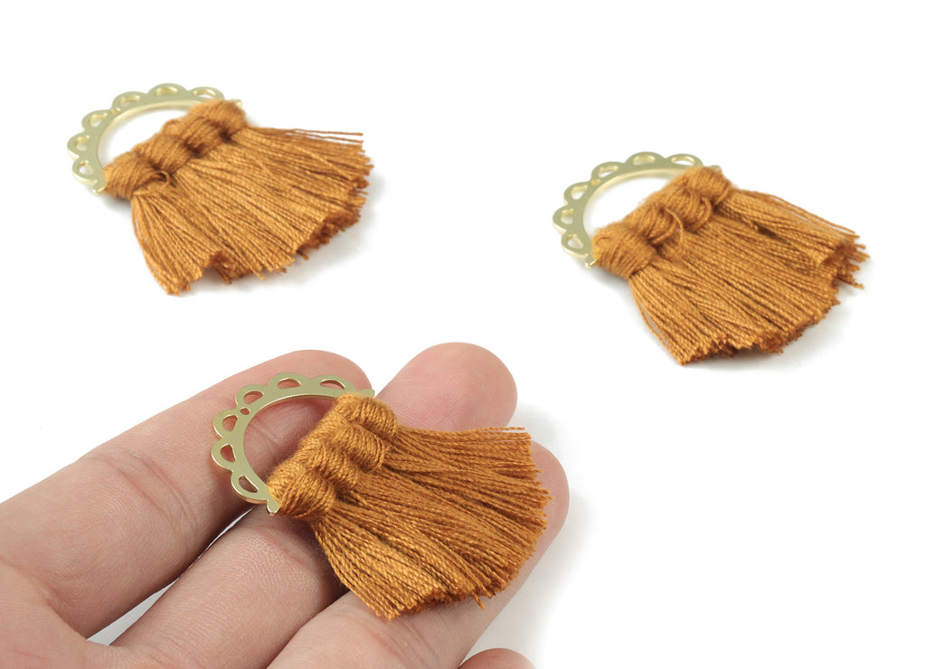 Gold Tone Plated Semi circle Brass - Half Moon Tassel Earring Charms - Cotton Brown Tassels - Fringe Tassel - 44.46x29.94x3.43mm - TSM3057BR - DOMEDBAZAAR