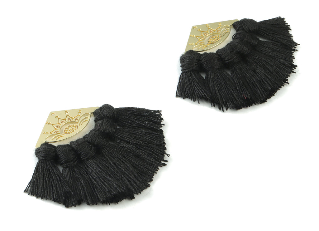 Gold Tone Plated Semi circle Brass - Half Moon Tassel Earring Charms - Cotton Flower Black Tassels - 54.12x35.16x2.91mm - TSM3021B - DOMEDBAZAAR