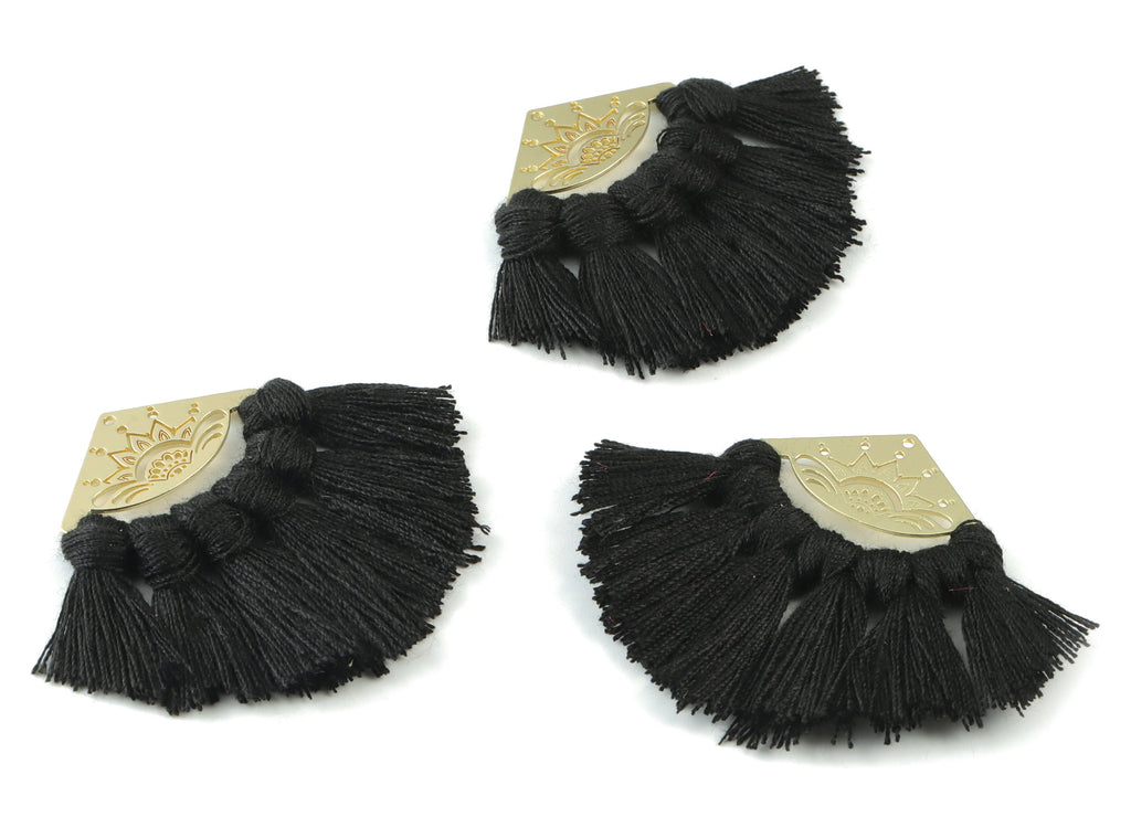 Gold Tone Plated Semi circle Brass - Half Moon Tassel Earring Charms - Cotton Flower Black Tassels - 54.12x35.16x2.91mm - TSM3021B - DOMEDBAZAAR