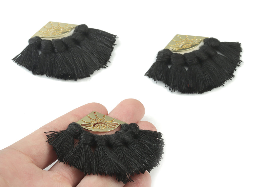 Gold Tone Plated Semi circle Brass - Half Moon Tassel Earring Charms - Cotton Flower Black Tassels - 54.12x35.16x2.91mm - TSM3021B - DOMEDBAZAAR