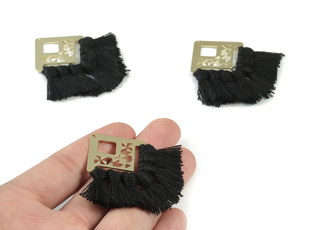 Gold Tone Plated Square Brass - Square Tassel Earring Charms - Cotton Black Tassels - Fringe Tassel - 54.49x35.16x2.68mm - TSM3075B - DOMEDBAZAAR