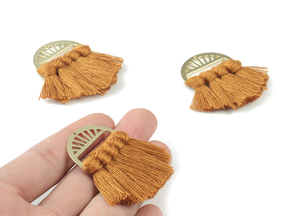 KC Gold Tone Plated Semicircle Brass - Half Moon Tassel Earring Charms - Cotton Brown Tassel - Fringe Tassel - 48.02x30.4x3.56mm - TSM3056BR - DOMEDBAZAAR