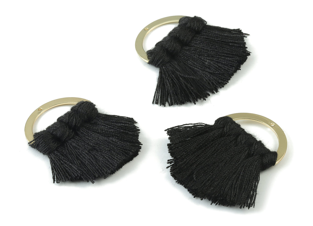 Gold Tone Plated Semi circle Brass - Half Moon Tassel Earring Charms - Cotton Black Tassels - Fringe Tassel - 44.49x30.34x4.42mm - TSM3070B - DOMEDBAZAAR