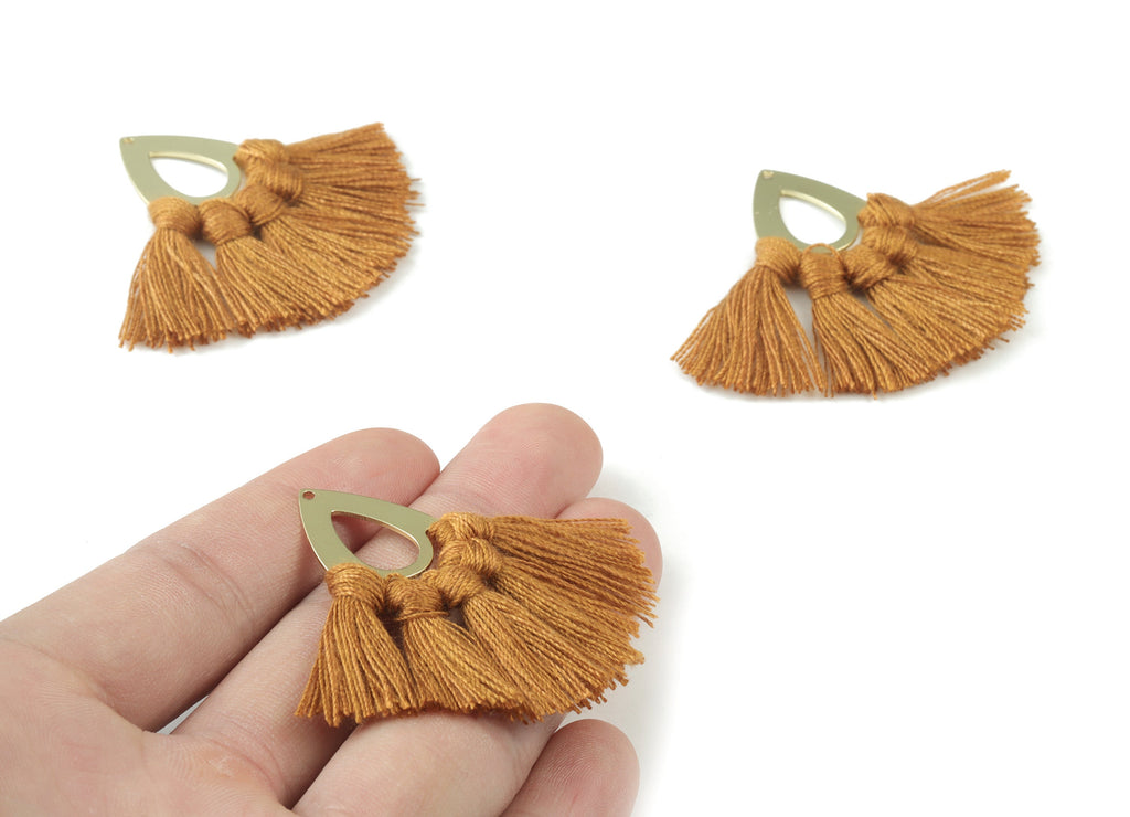 Gold Tone Plated Drop Brass - Drop Tassel Earring Charms - Cotton Brown Tassels - Fringe Tassel - 45.99x19.16x3.49mm - TSM3055BR - DOMEDBAZAAR