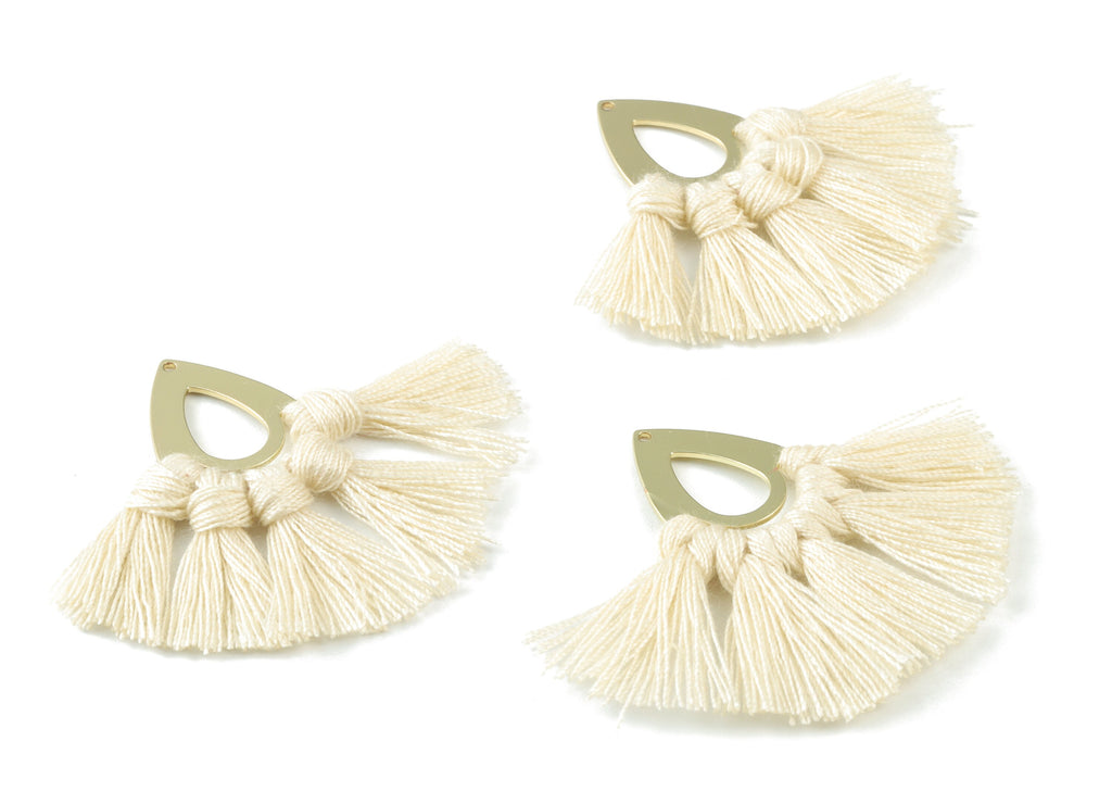Gold Tone Plated Drop Brass - Drop Tassel Earring Charms - Cotton Cream Tassels - Fringe Tassel - 45.99x19.16x3.49mm - TSM3055C - DOMEDBAZAAR