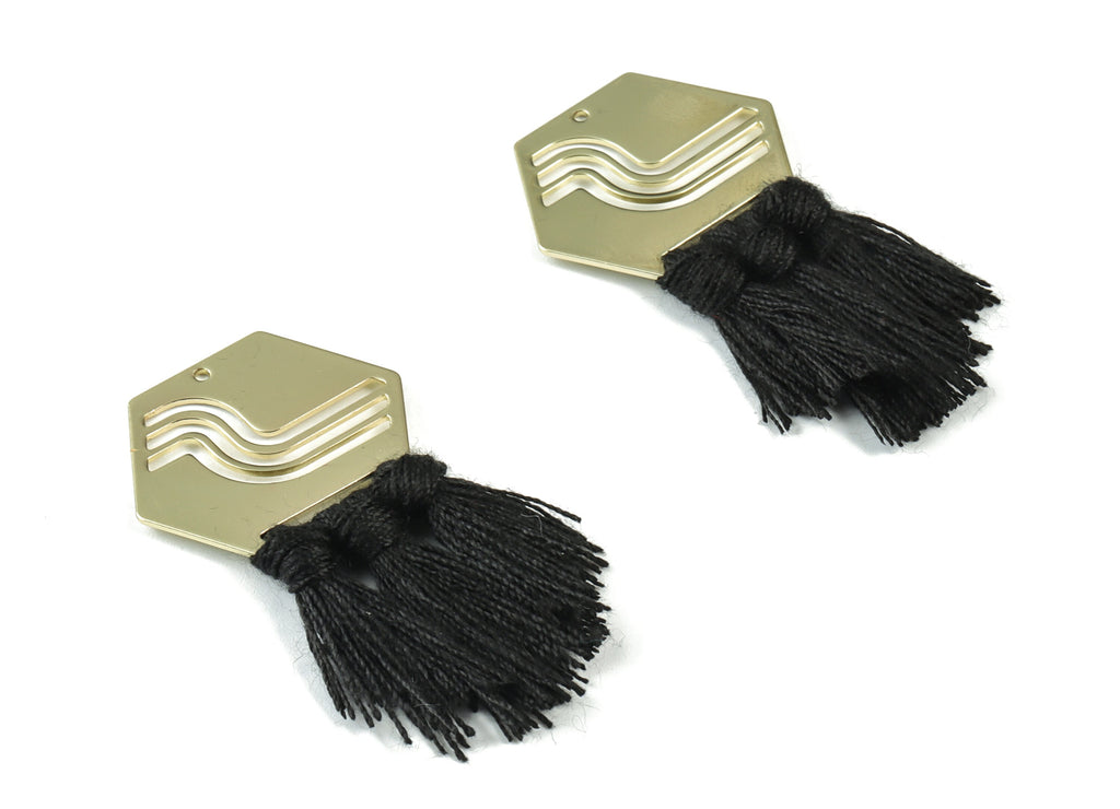 Gold Tone Plated Hexagon Brass - Hexagon Tassel Earring Charms - Cotton Black Tassels - Fringe Tassel - 53.8x30.05x3.1mm - TSM1949B - DOMEDBAZAAR