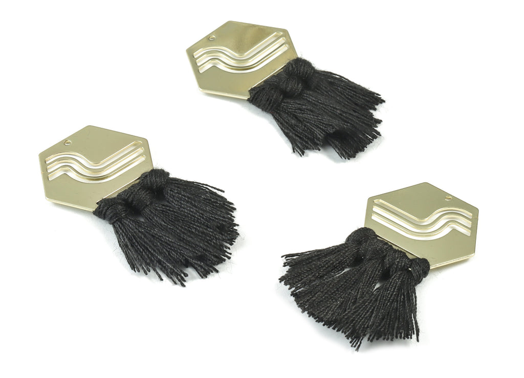 Gold Tone Plated Hexagon Brass - Hexagon Tassel Earring Charms - Cotton Black Tassels - Fringe Tassel - 53.8x30.05x3.1mm - TSM1949B - DOMEDBAZAAR