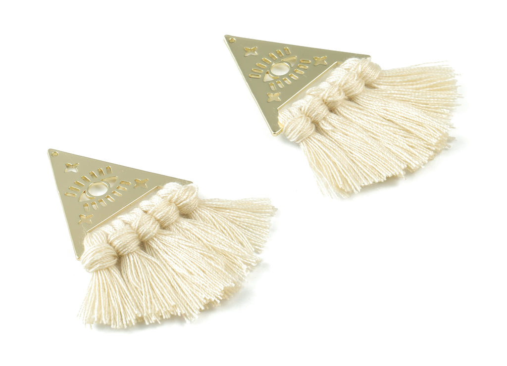Gold Tone Plated Triangle Brass Cotton - Triangle Eye Tassel Earring Charms - Cream Tassels - Fringe Tassel - 56.74x31.74x3.04mm - TSM3063C - DOMEDBAZAAR