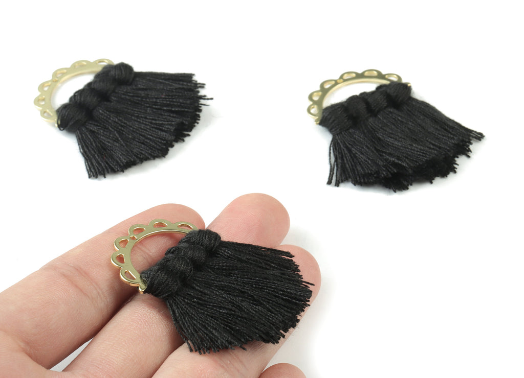 Gold Tone Plated Semi circle Brass - Half Moon Tassel Earring Charms - Cotton Black Tassels - Fringe Tassel - 44.46x29.94x3.43mm - TSM3057B - DOMEDBAZAAR