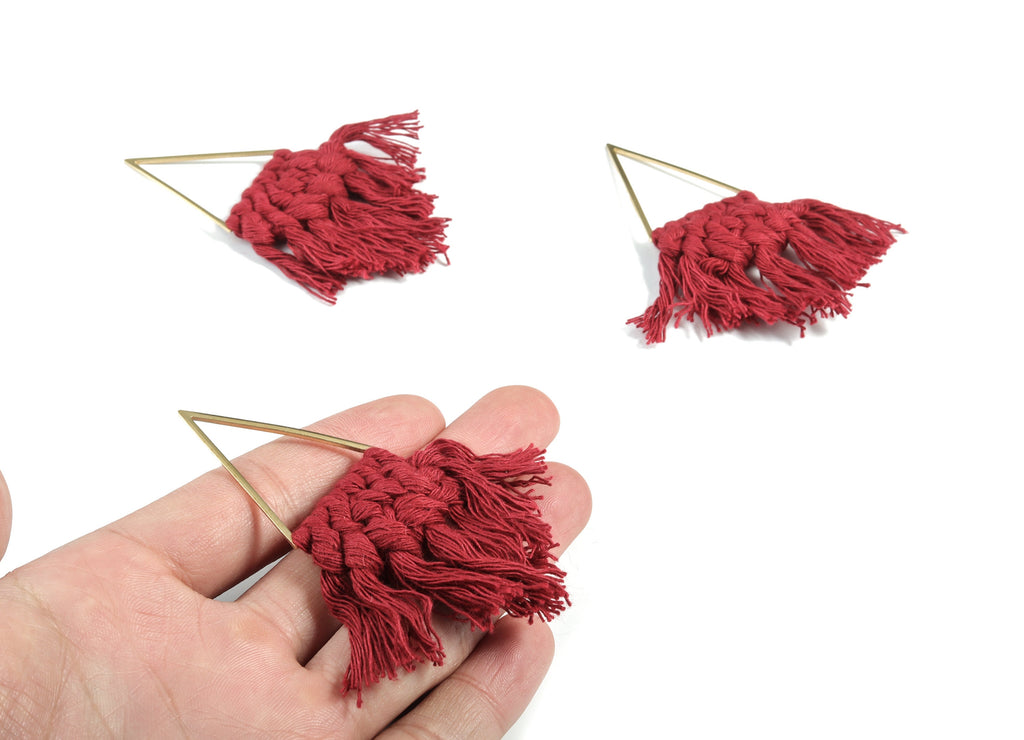 Tassel Earring Charms - Handmade Cotton Bordeux Macrame Earrings - Raw Brass Triangle Fringe Earrings - 70.81x30.61x6.91mm - TS1173B - DOMEDBAZAAR