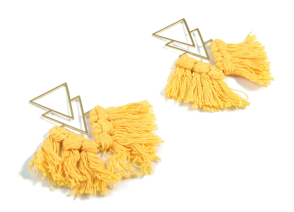 Tassel Earring Charms - Handmade Cotton Yellow Macrame Earrings - Raw Brass Triangles Fringe Earrings - 66.83x21.44x4.03mm - TS1168C - DOMEDBAZAAR