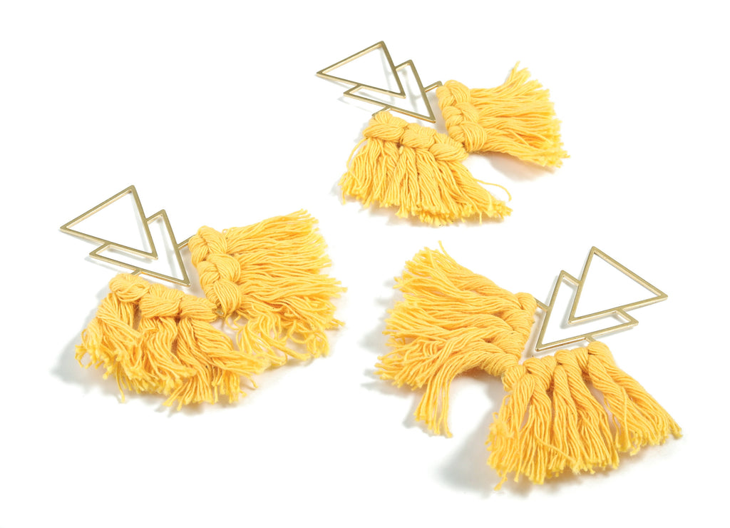 Tassel Earring Charms - Handmade Cotton Yellow Macrame Earrings - Raw Brass Triangles Fringe Earrings - 66.83x21.44x4.03mm - TS1168C - DOMEDBAZAAR
