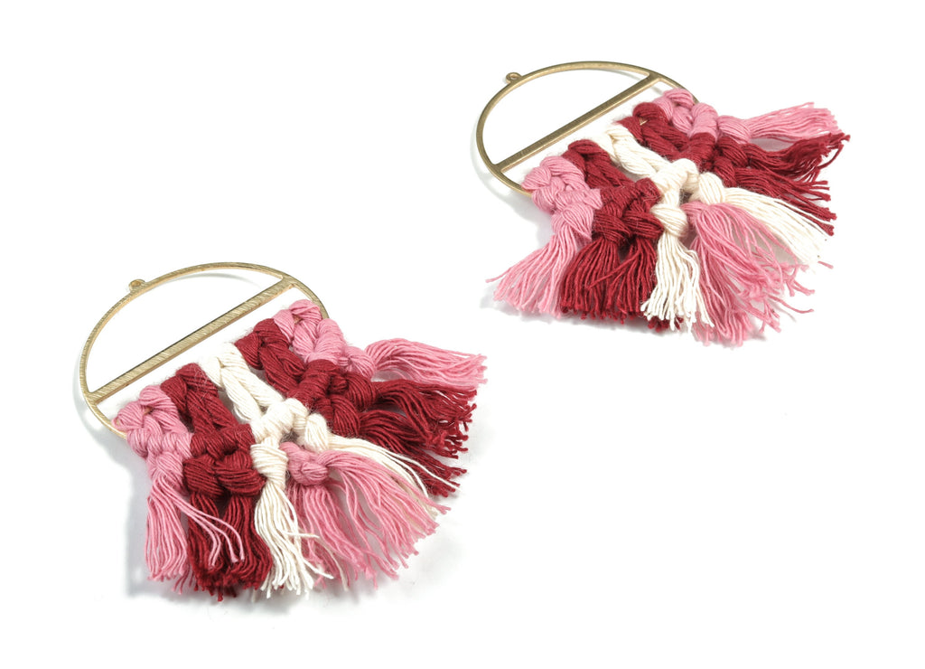 Tassel Earring Charms - Handmade Cotton Pink Macrame Earrings - Raw Brass Round Fringe Earrings - luxe Fan Tassel - 76.89x43x5mm - TS1172A - DOMEDBAZAAR