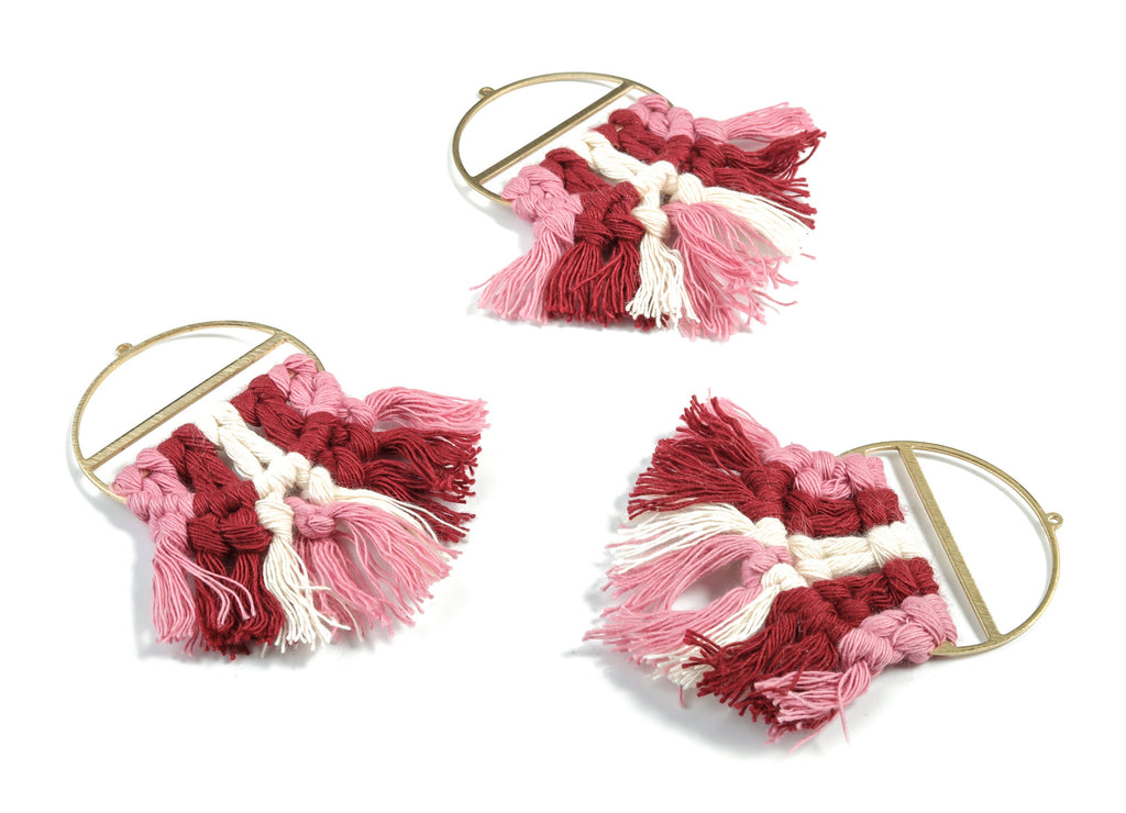 Tassel Earring Charms - Handmade Cotton Pink Macrame Earrings - Raw Brass Round Fringe Earrings - luxe Fan Tassel - 76.89x43x5mm - TS1172A - DOMEDBAZAAR