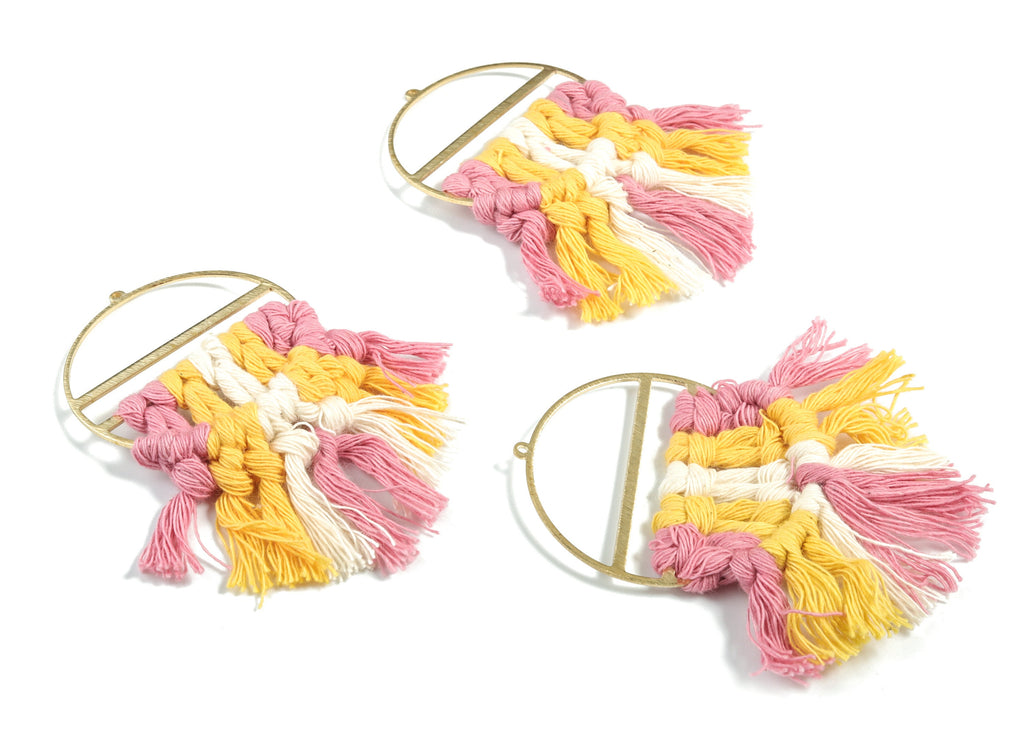 Tassel Earring Charms - Handmade Cotton Yellow Macrame Earrings - Raw Brass Round Fringe Earrings - luxe Fan Tassel - 76.89x43x5mm - TS1172D - DOMEDBAZAAR