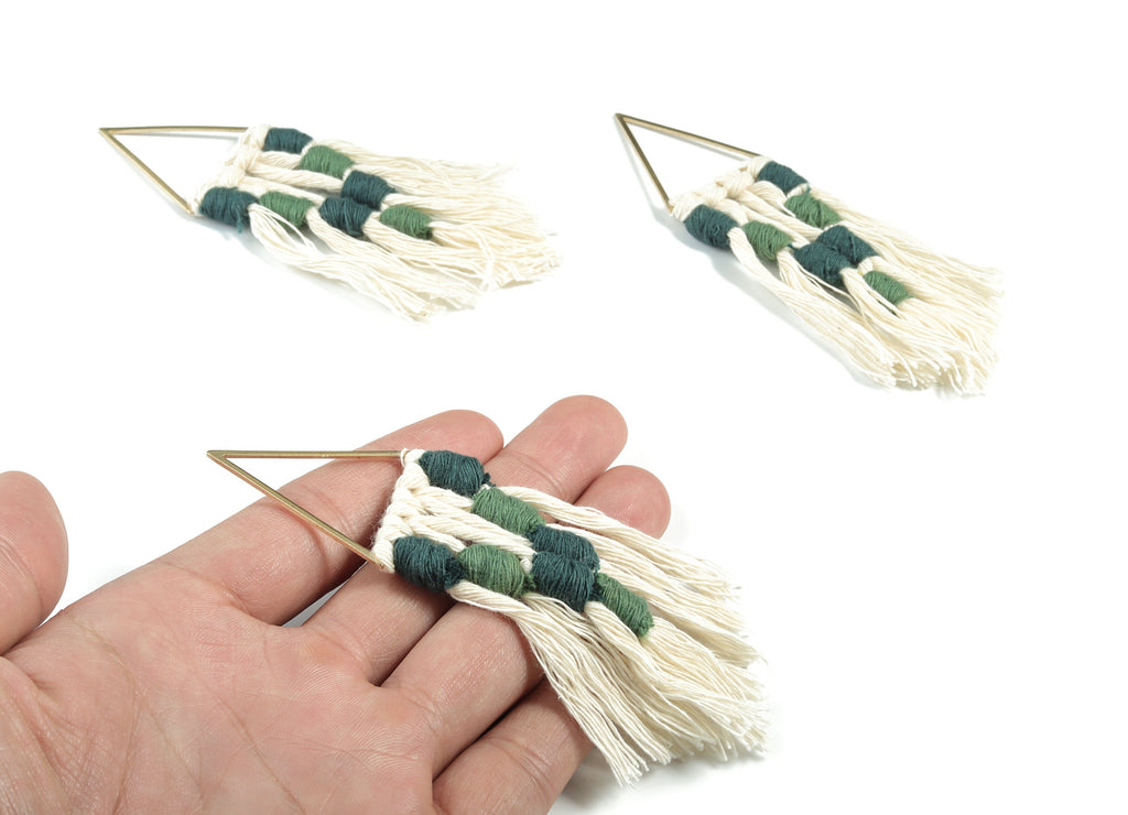 Tassel Earring Charms - Handmade Cotton Green Macrame Earrings - Raw Brass Triangle Fringe Earrings - 112.04x30.29x3.39mm - TS1170A - DOMEDBAZAAR