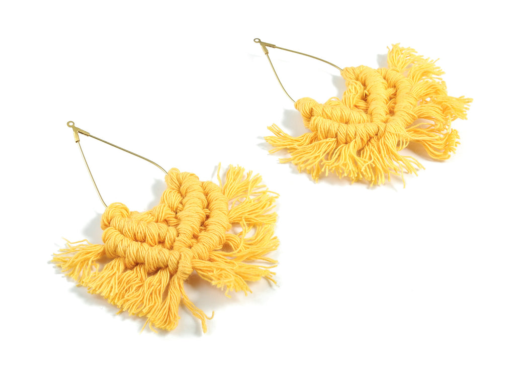 Tassel Earring Charms - Handmade Yellow Cream Macrame Earrings - Raw Brass Drop Fringe Earrings - Luxe Fan tassel - 83x42.63x6.3mm - TS1169B - DOMEDBAZAAR