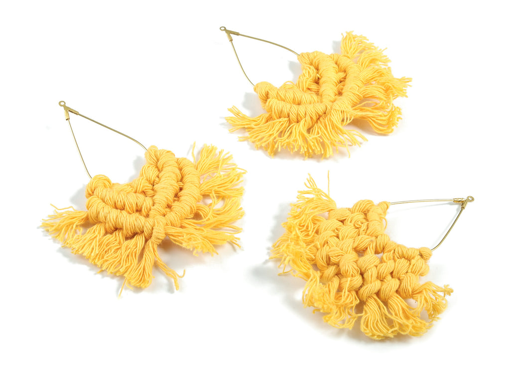 Tassel Earring Charms - Handmade Yellow Cream Macrame Earrings - Raw Brass Drop Fringe Earrings - Luxe Fan tassel - 83x42.63x6.3mm - TS1169B - DOMEDBAZAAR